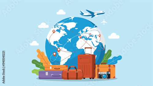 Global travel and tourism concept with suitcases and a camera placed in front of an earth globe with airplane flight routes around the world.