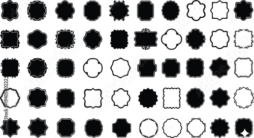 Elegant collection of 56 black and white decorative frames featuring vintage borders, ornate flourishes, geometric patterns, floral motifs, and classic design elements for creative projects