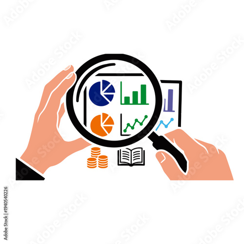 Analyzing data with a magnifying glass on various graphs and charts