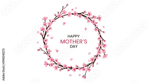 Elegant pink cherry blossom wreath surrounding happy mothers day text for a festive spring greeting card design on a clean white background.