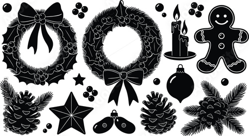 Elegant black silhouette Christmas icons featuring wreaths, candles, gingerbread man, pinecones, bells, holly berries, ornament ball, and festive stars for seasonal holiday decoration design.
