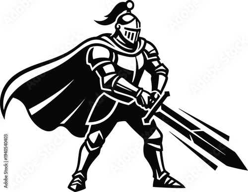 Medieval knight in full armor standing with sword and cape, heroic warrior illustration symbolizing strength, bravery, chivalry, fantasy battle readiness artwork