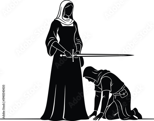 MobileMedieval knighthood ceremony illustration depicting loyalty, honor, and allegiance with sword and kneeling figure in historic black and white stylized artwork for fantasy themes