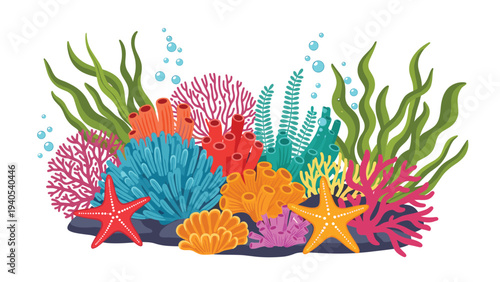 Vibrant coral reef underwater world with colorful sea sponges starfish and waving seaweed plants in a clear blue ocean environment scenery.