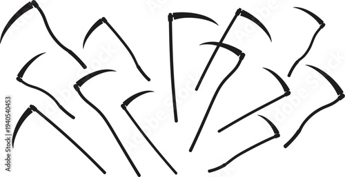 Minimalist abstract illustration of stylized scythes arranged in fan-like composition, black curved blades with long handles, symbolic design representing harvest, agriculture, death, and gothic art.