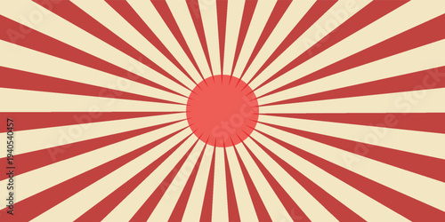 Red sunburst lines on yellow Background. Light sun rays pattern. Vintage stripes halftone radial wallpaper for poster, banner, advertising backdrop, comic or