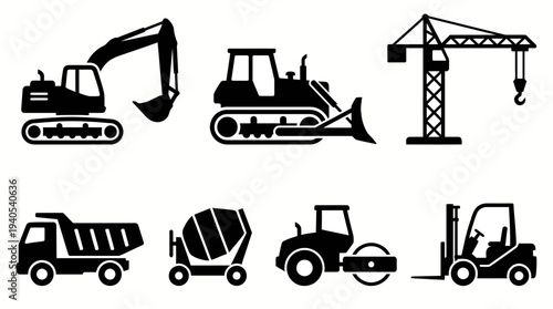 Collection of diverse construction vehicles and heavy machinery icons in a clean, minimalist style
