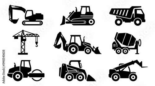 A collection of construction vehicle icons, including excavators, dump trucks, and cranes, symbolizing industrial work and heavy machinery