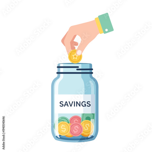 Hand inserting coin into savings jar with money, financial concept