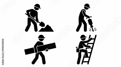 Vector collection of construction worker stick figures illustrating diverse building and industrial tasks shoveling, jackhammering, material handling, and ladder work