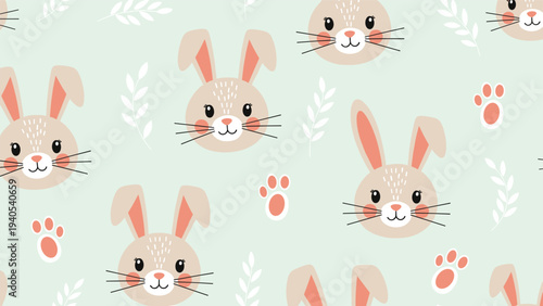 Adorable seamless pattern of cute bunny faces paw prints and white leaves on a pastel green background for kids nursery and baby textiles.