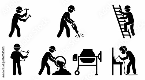 Dynamic stick figure icons showcasing essential construction industry tasks and worker roles, including building, demolition, concrete work, and welding activities on a site