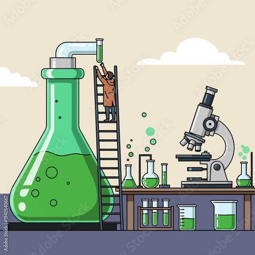 Scientist Adding Liquid to Giant Flask in Laboratory with Microscope
