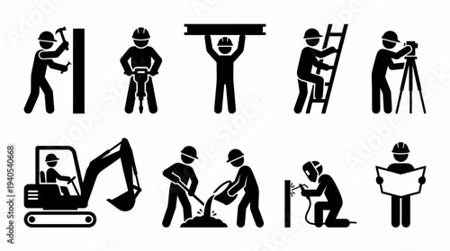 Silhouette icons of construction workers performing diverse building activities like excavation, welding, and surveying. Illustrates essential tasks for development projects