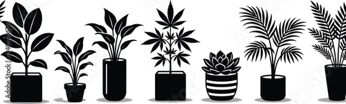 Silhouette of various potted houseplants, indoor garden collection, tropical leaves, home decor greenery, botanical plants set, nature gardening, floral elements