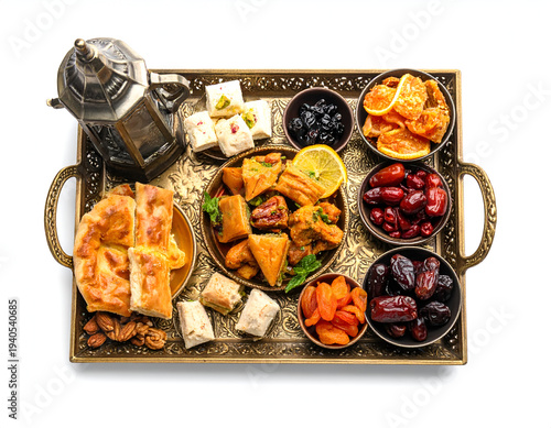 Ornate tray with assorted Middle Eastern sweets, fruits, nuts, and lantern