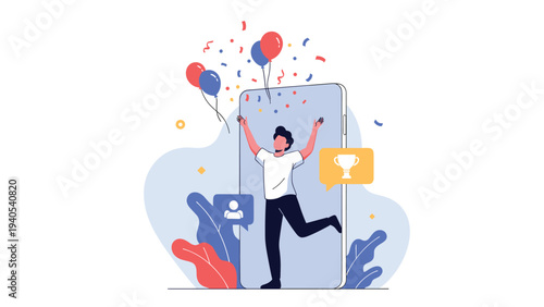 Excited man celebrating a win jumping out of a smartphone screen with trophy icon balloons and colorful confetti for success achievement.