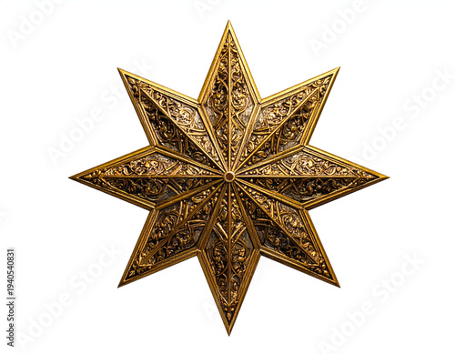 Ornate eight-pointed starburst, detailed gold embellishments on white
