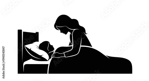 Mother gently caring for her sleeping baby in bed.