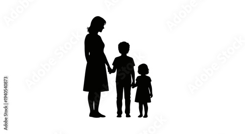 Silhouette of a mother holding hands with her two children.