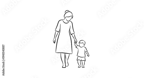 Simple line drawing of a mother holding a child's hand.