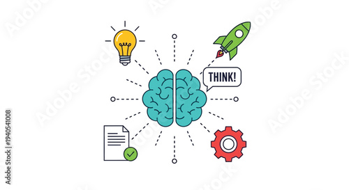 Vector innovation concept with brain, glowing light bulb and rocket for creative thinking and idea