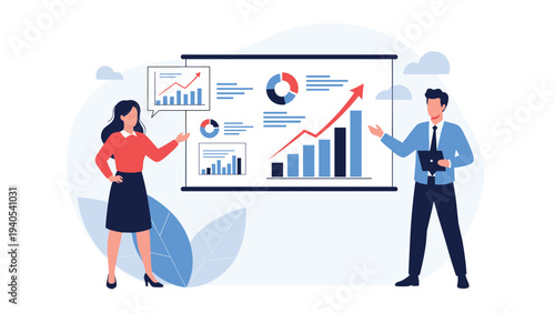 Business team presenting financial growth and data analysis on a large screen in a professional corporate meeting for strategy development.