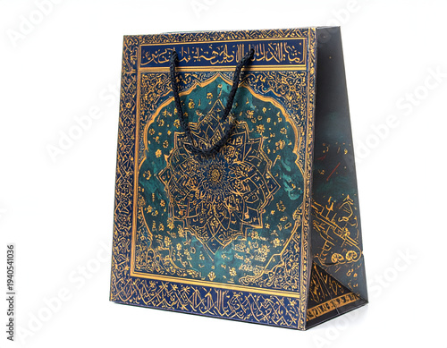 Ornate gold Arabic calligraphy on dark teal textured gift bag