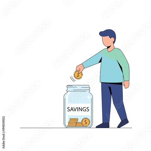 Man dropping coin into savings jar, financial planning and investment concept