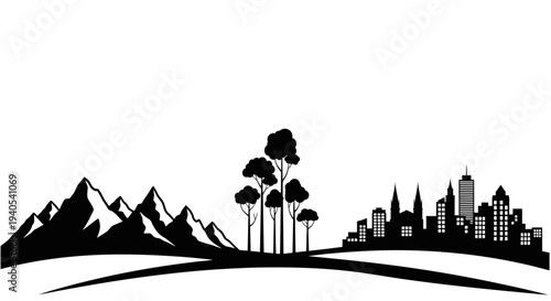 Black and white landscape with city skyline and mountains.