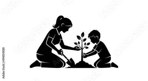 Mother and Child Planting a Tree Together Silhouette.