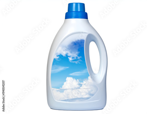 White laundry detergent bottle with a vibrant blue sky reflection