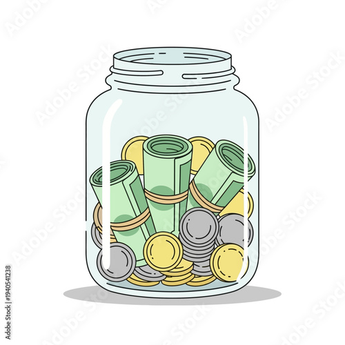 Money Jar Illustration: Rolled Bills and Coins for Savings and Investment