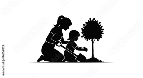 Mother and Child Planting a Tree Together Silhouette.