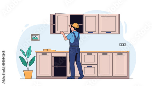 Professional carpenter wearing a hard hat and blue overalls installing modern kitchen cabinets in a home renovation and repair project.