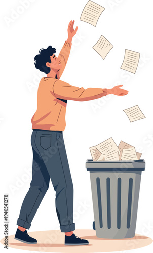 uomo o donna che buttano carta o oggetti nel cestino e il vento porta via tutto vettoriale
