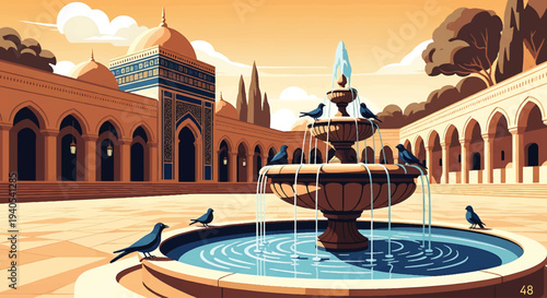 Celebrating Eid Mubarak and Happy Eid al-Fitr 2026 with serene mosque garden, fountain, birds, architecture, and lush trees