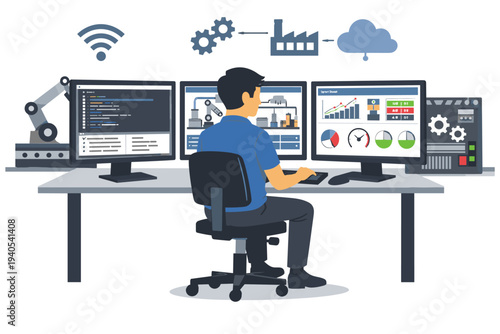 Professional managing industrial automation, data analytics, and cloud systems on multiple screens, optimizing smart factory operations with digital transformation