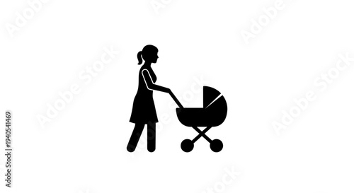 Silhouette of a mother pushing a baby stroller.
