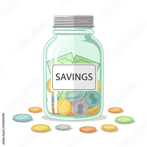Money jar with coins and banknotes, labeled "SAVINGS", isolated on white background.
