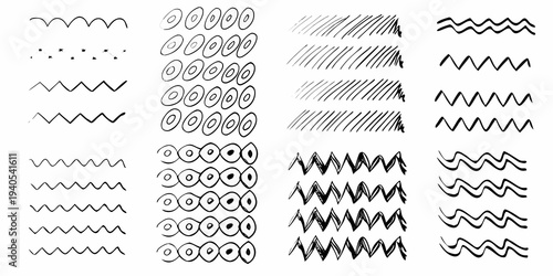 Collection of hand drawn line patterns and scribbles on a white background