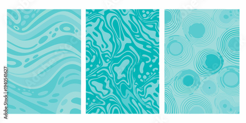 Three abstract panels featuring swirling turquoise and teal patterns