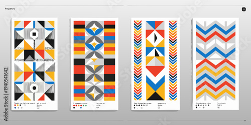 Four abstract geometric patterns in vibrant colors displayed vertically