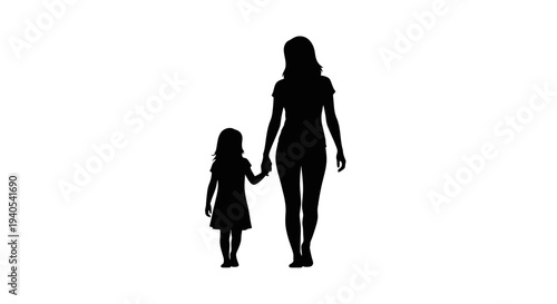 Silhouette of a mother holding hands with her little daughter walking together.