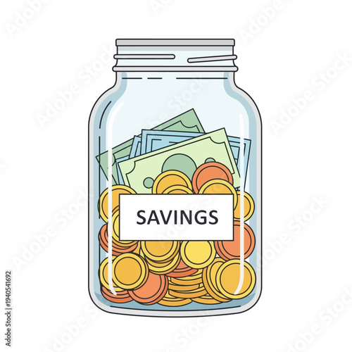 Money Savings Jar with Coins and Banknotes, Financial Growth Concept