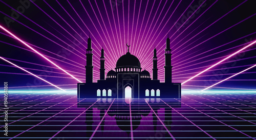 Eid Mubarak and Happy Eid al-Fitr 2026 celebration with mosque, cookies, family, love, and mother in a vibrant, futuristic setting