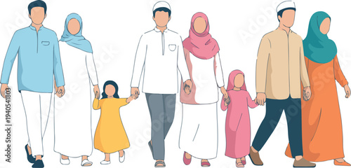 Muslim family walking together during Ramadan in side view wearing traditional clothing peaceful Islamic lifestyle vector illustration