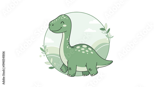 Friendly green brachiosaurus dinosaur character smiling in a circular landscape frame with hills and clouds background for kids education.