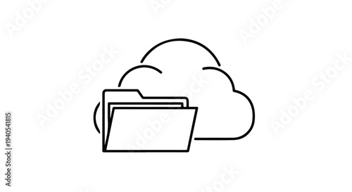 Cloud Storage and File Management Icon, Minimalist Black Line Style Vector Isolated on White