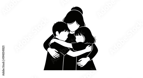 Mother embracing her two children in a warm and loving hug.